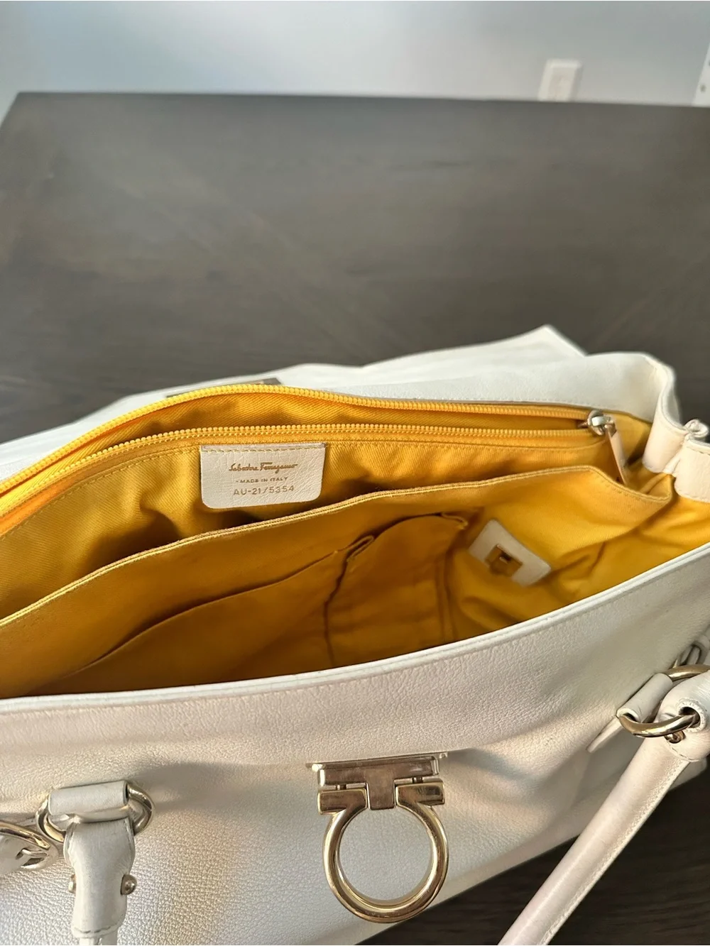Salvatore Ferragamo Cream Leather Satchel with Gold Hardware